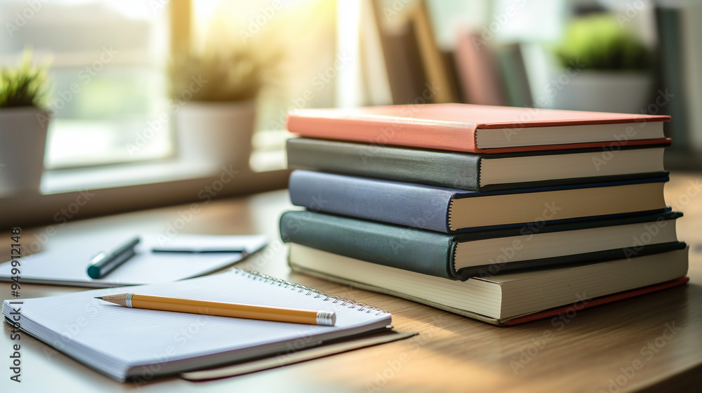 A stack of textbooks and notebooks on the school desk A stack of textbooks and notebooks on the school desk