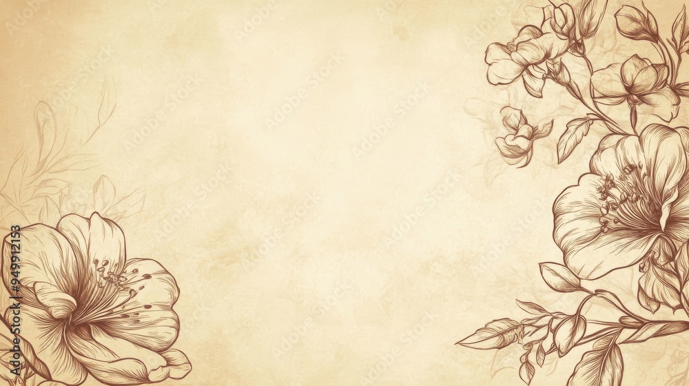 custom made wallpaper toronto digitalVintage Hand-Drawn Floral Illustration on Aged Beige Background.