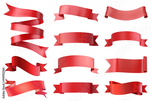 PNG red ribbon banner element set, transparent background