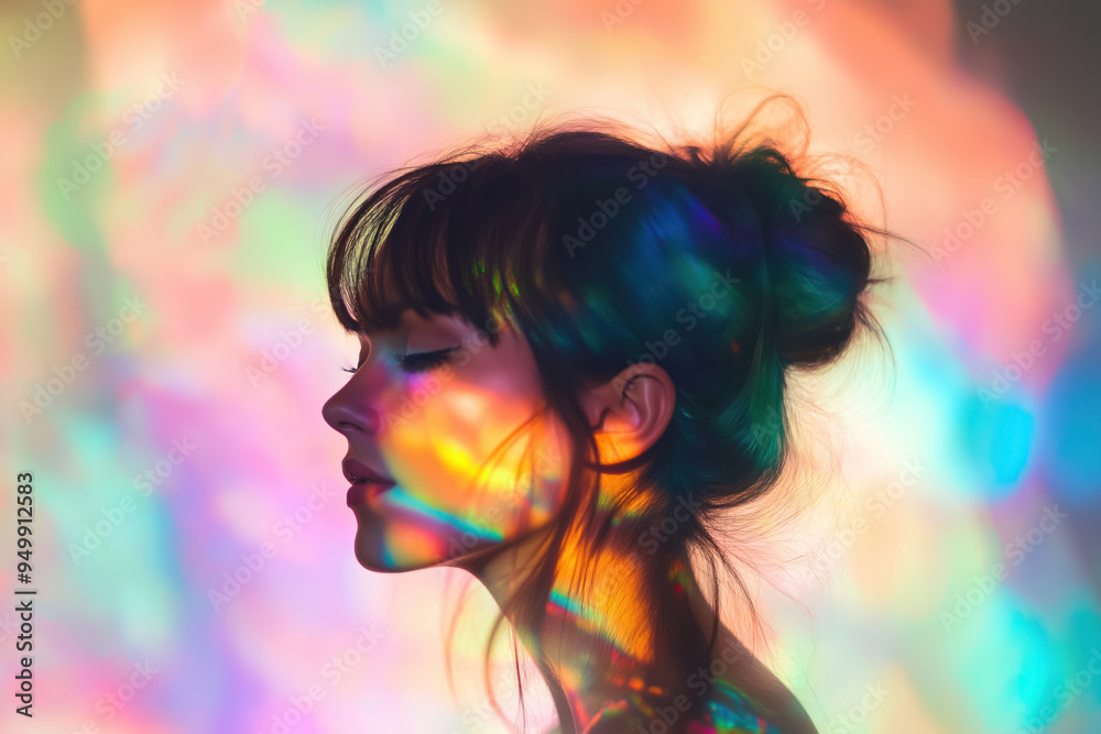 close up portrait of a young woman with colorful light reflections casting abstract patterns close up portrait of a young woman with colorful light reflections casting abstract patterns