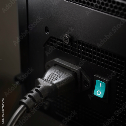 Billede på lærred Modern computer AC power supply with connected power cable on dark background