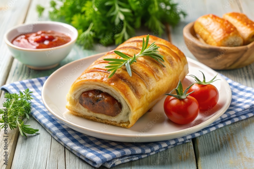 Sausage roll on a simple paper plate, set against a bright and airy background, with a few scattered fresh herbs and a dollop of ketchup. Sausage roll on a simple paper plate, set against a bright and airy background, with a few scattered fresh herbs and a dollop of ketchup.