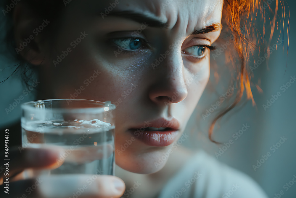 A woman swallows a pill with a glass of water, her expression reflecting pain and depression A woman swallows a pill with a glass of water, her expression reflecting pain and depression