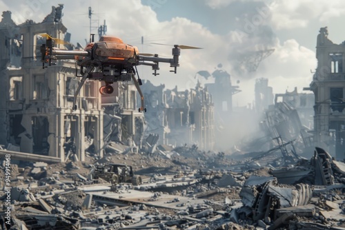 A robotic drone surveying a war-torn landscape, AI generated
