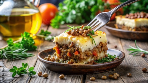 A creative composition featuring a slice of lentil shepherd's pie, balanced on a fork, surrounded by fresh herbs and a drizzle of olive oil, against a blurred-out kitchen background.