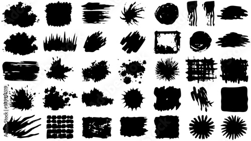 Black silhouettes of various shapes on a white background