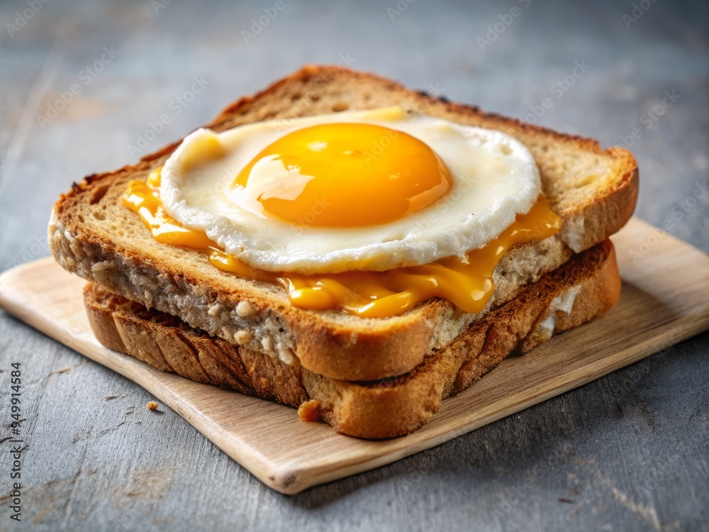 A perfectly toasted slice of wholemeal bread, topped with a fried egg and a slice of melted cheddar cheese, on a clean, minimalist kitchen counter. A perfectly toasted slice of wholemeal bread, topped with a fried egg and a slice of melted cheddar cheese, on a clean, minimalist kitchen counter.