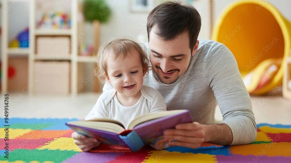 handsome man reading to his child in the nursery on a colorful tiled and carpeted floor, enjoying storytime and happy bonding with open books handsome man reading to his child in the nursery on a colorful tiled and carpeted floor, enjoying storytime and happy bonding with open books