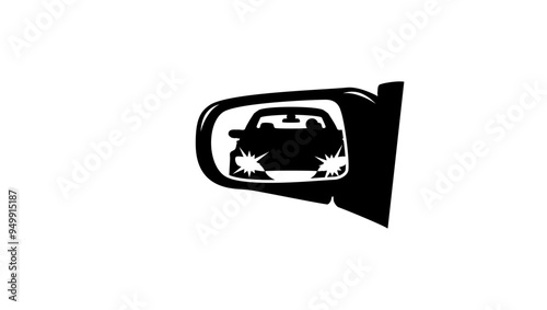 Side rear view mirror showing car with headlights on overtaking vehicle, black isolated silhouette