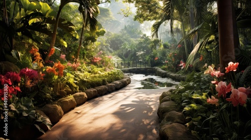 Tranquil Tropical Garden Path with Lush Greenery and Blooming Flowers