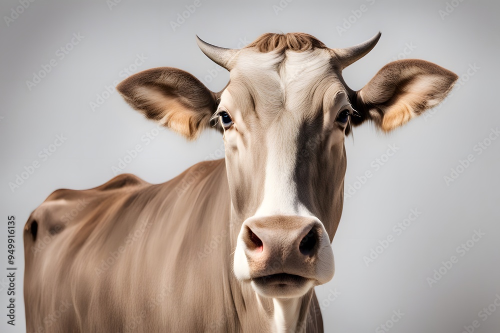 A graceful brown swiss cow with a smooth coat and soft eyes standing on a white background, AI Generated A graceful brown swiss cow with a smooth coat and soft eyes standing on a white background, AI Generated