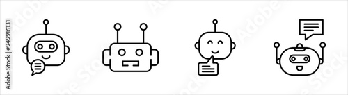 Chat bot icon set. Robot, support bot, online support service, Chat bot for customer service, virtual assistant, Artificial intelligence robot, on white background.