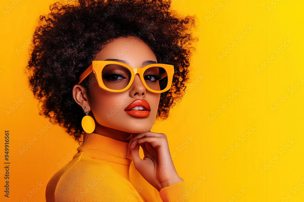 A confident woman with an afro hairstyle wears a yellow outfit, matching sunglasses, and statement earrings, exuding bold style and modern fashion on a vibrant yellow background. A confident woman with an afro hairstyle wears a yellow outfit, matching sunglasses, and statement earrings, exuding bold style and modern fashion on a vibrant yellow background.