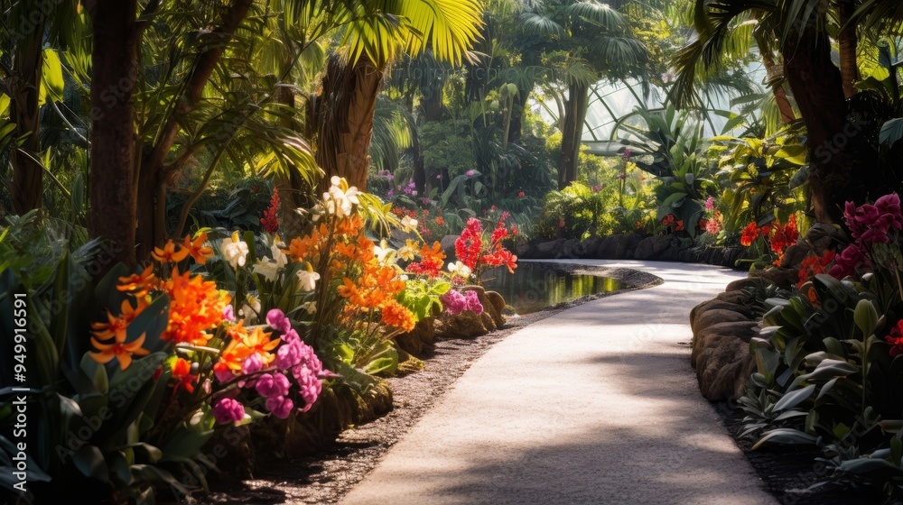 Serene Tropical Garden Pathway with Lush Greenery and Flowers Serene Tropical Garden Pathway with Lush Greenery and Flowers