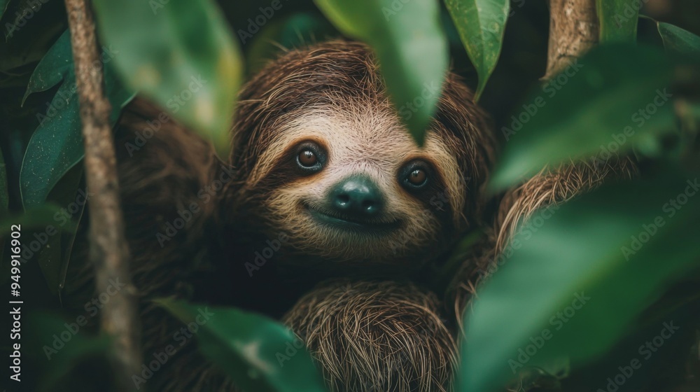 Funny animal wildlife photography banner background - Closeup of sloth chilling on a tree with leaves