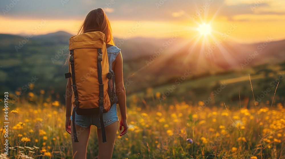 Woman hiking at sunset with a yellow backpack in a field of wildflowers Woman hiking at sunset with a yellow backpack in a field of wildflowers