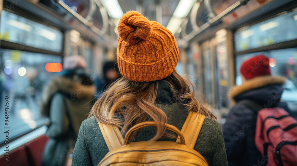 Commuter in orange beanie on public transportation during winter Commuter in orange beanie on public transportation during winter