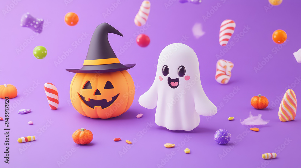 Cute illustrator-style Halloween card with a smiling witch hat and ghost, on a light pastel lavender backdrop with candy. Cute illustrator-style Halloween card with a smiling witch hat and ghost, on a light pastel lavender backdrop with candy.