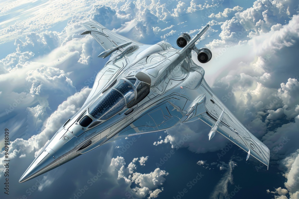 Fototapeta premium A dynamic fighter jet maneuvering through a sea of clouds, emphasizing its power and speed against the vast sky, A sleek, futuristic military aircraft patrolling the skies, Ai generated