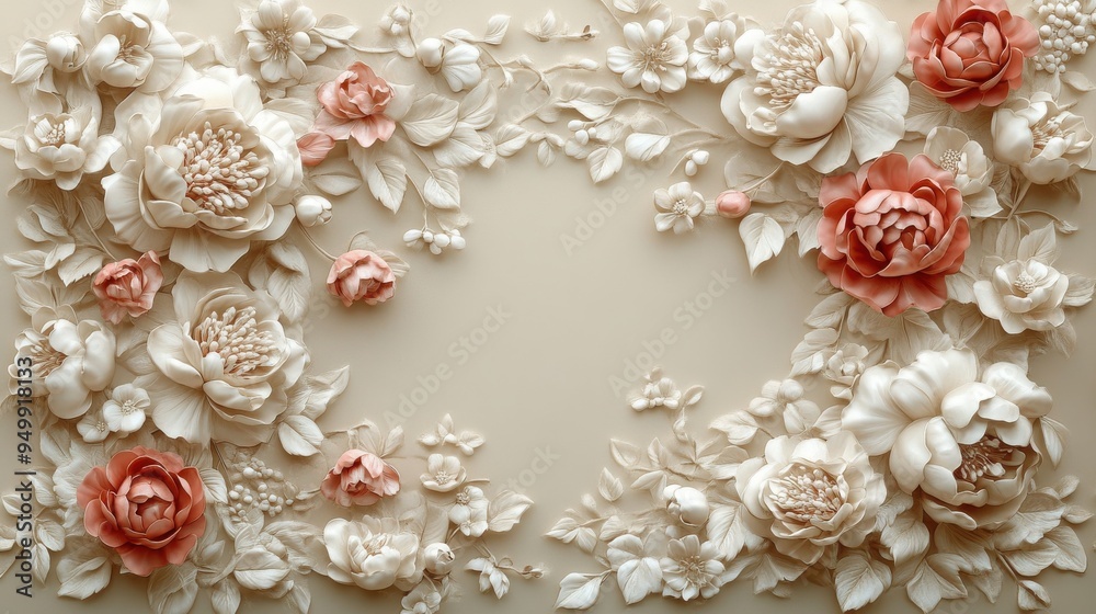Elegant floral background with 3D beige and coral flowers on a soft, neutral backdrop.
Elegant floral background with 3D beige and coral flowers on a soft, neutral backdrop.