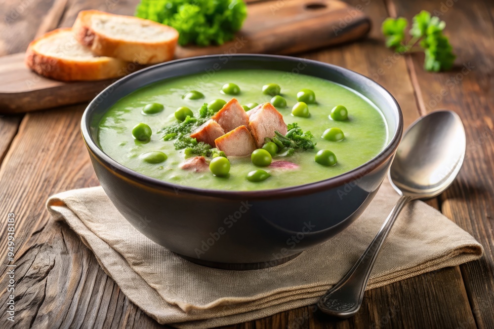 The soft, rounded shapes of a bowl and spoon complement the cozy, comforting quality of a serving of pea and ham soup. The soft, rounded shapes of a bowl and spoon complement the cozy, comforting quality of a serving of pea and ham soup.