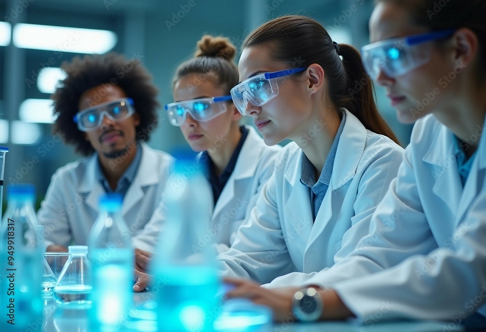 A group of diverse scientists in a high-tech lab, engaged in an experiment filled with curiosity and collaboration, shown in a dynamic shot with space below for scientific achievements.