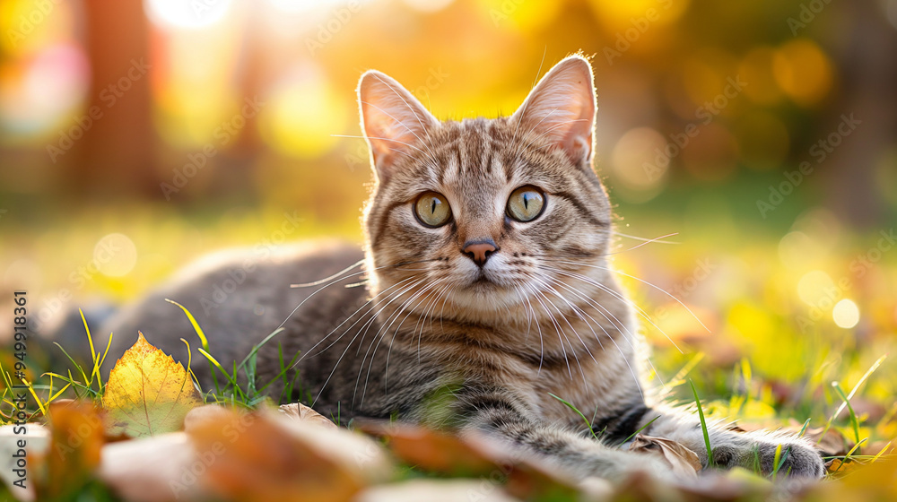 Tabby cat lying on autumn leaves in a sunlit park Tabby cat lying on autumn leaves in a sunlit park