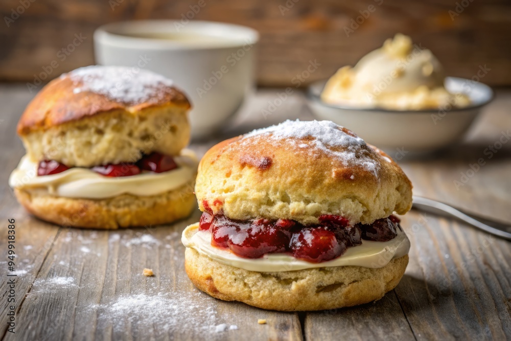 A close-up shot of a scone, split in half, with a generous helping of clotted cream and a sprinkle of sugar, set against a soft, muted background. A close-up shot of a scone, split in half, with a generous helping of clotted cream and a sprinkle of sugar, set against a soft, muted background.