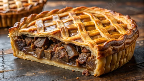 A close-up of a slice of steak and kidney pie, with a crispy lattice crust and a rich, meaty filling, shot from a 45-degree angle to create depth. photo