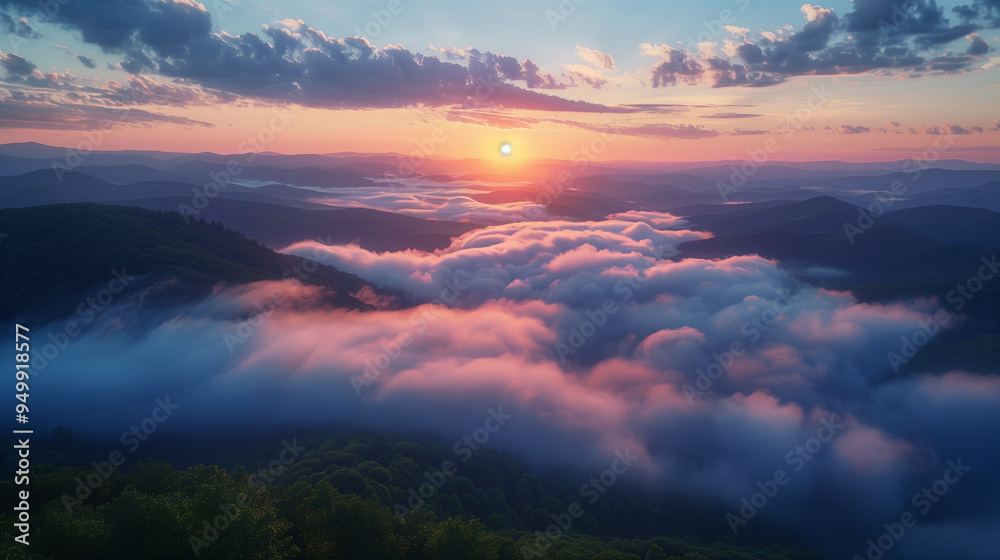 Majestic sunrise over rolling mountains with a sea of clouds Majestic sunrise over rolling mountains with a sea of clouds