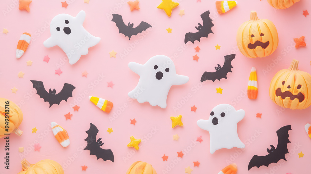 Adorable pastel Halloween card with friendly ghosts and bats, surrounded by candy corn and stars, on a soft pastel pink background. Adorable pastel Halloween card with friendly ghosts and bats, surrounded by candy corn and stars, on a soft pastel pink background.