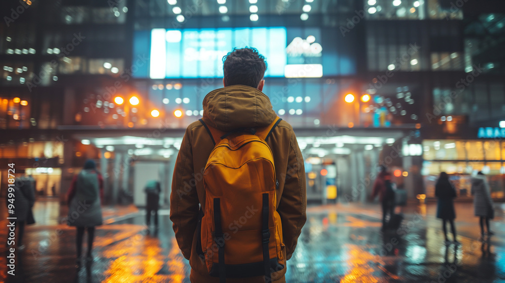 Young man with backpack standing in illuminated city street at night Young man with backpack standing in illuminated city street at night