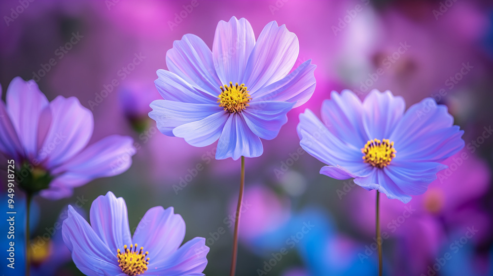 Purple and blue cosmos flowers blooming in a vibrant garden Purple and blue cosmos flowers blooming in a vibrant garden