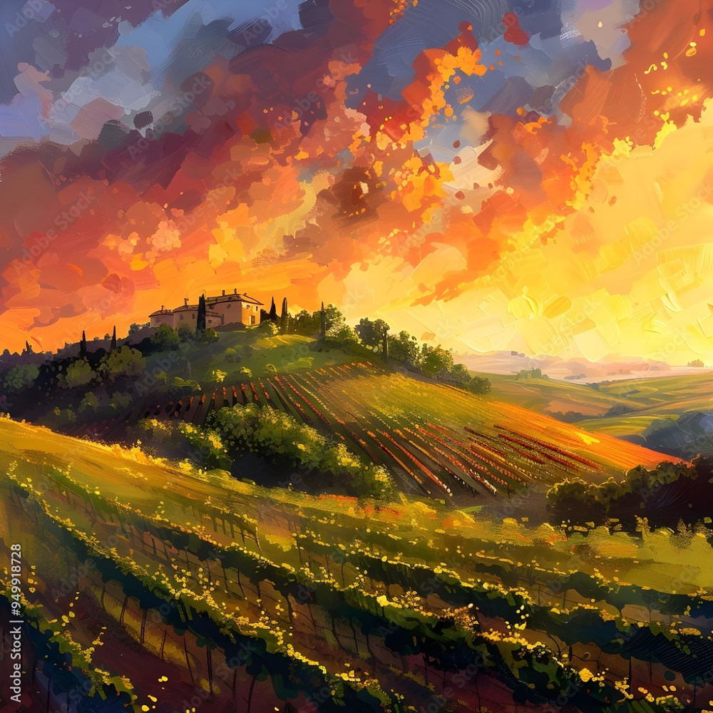 Naklejka premium A Vineyard on a hill at sunset vineyard outdoors nature.