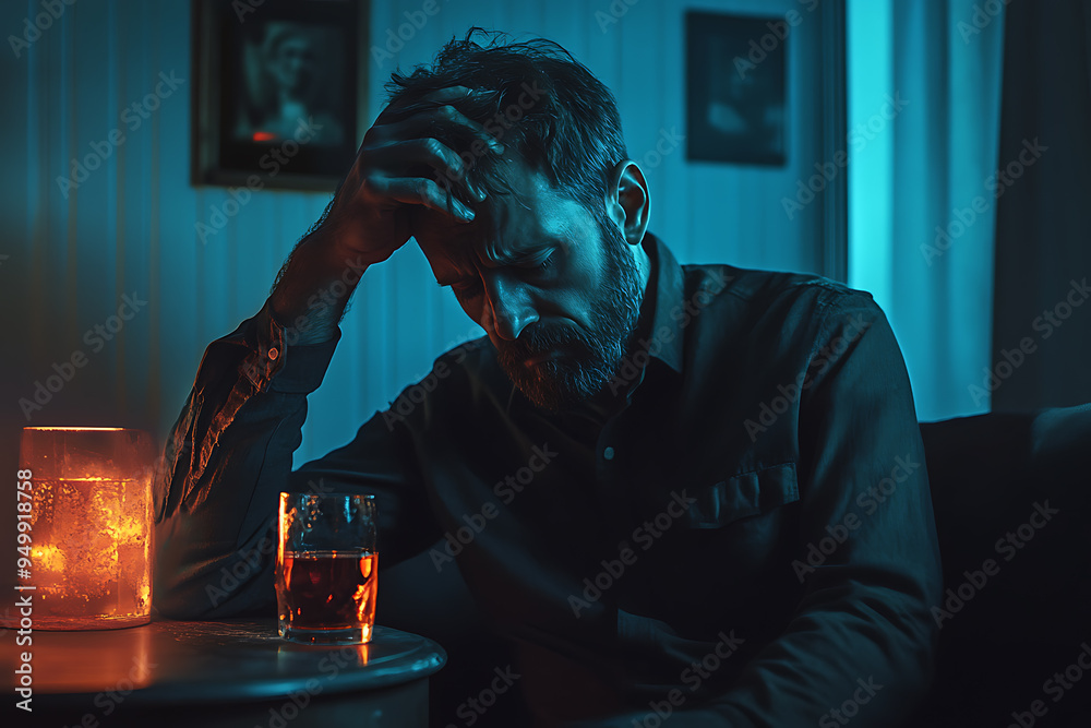 A man, looking depressed, holds a glass of alcohol, symbolizing his struggle with emotional pain and his attempt to cope through drinking. A man, looking depressed, holds a glass of alcohol, symbolizing his struggle with emotional pain and his attempt to cope through drinking.