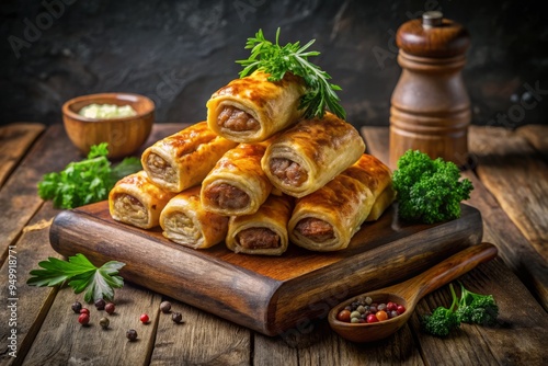 A stack of sausage rolls on a rustic wooden cutting board, set against a dark and moody background, with a few scattered fresh herbs and a dollop of mustard.