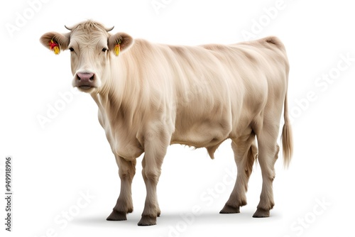 A regal charolais cow with a creamy white coat standing proudly on a white background, AI Generated photo