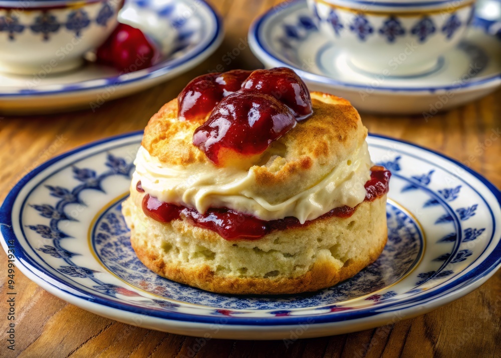 A delicate china plate balances a single, perfectly baked scone, topped with an artful swirl of golden cream and a sprinkle of crimson jam. A delicate china plate balances a single, perfectly baked scone, topped with an artful swirl of golden cream and a sprinkle of crimson jam.