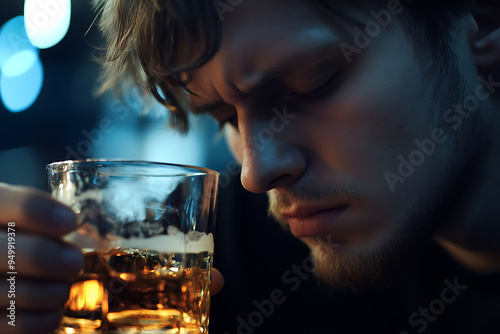 A man, looking depressed, holds a glass of alcohol, symbolizing his struggle with emotional pain and his attempt to cope through drinking.