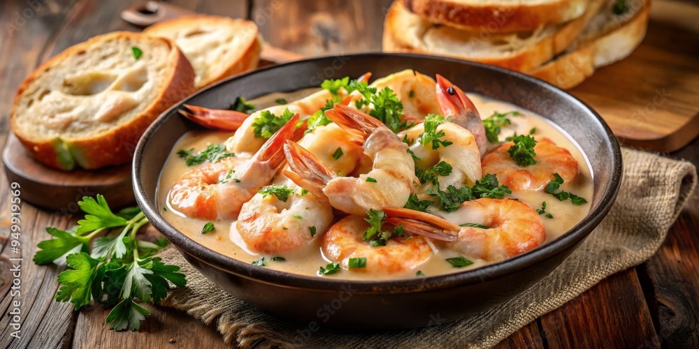 A warm and inviting plate of prawns in a creamy sauce, garnished with fresh parsley and served with crusty bread, captured from a 45-degree angle with soft, golden lighting. A warm and inviting plate of prawns in a creamy sauce, garnished with fresh parsley and served with crusty bread, captured from a 45-degree angle with soft, golden lighting.