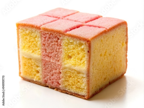 A single slice of Battenberg Cake, perfectly angled to showcase the checkerboard pattern, set against a clean white background to highlight its vibrant colors. photo