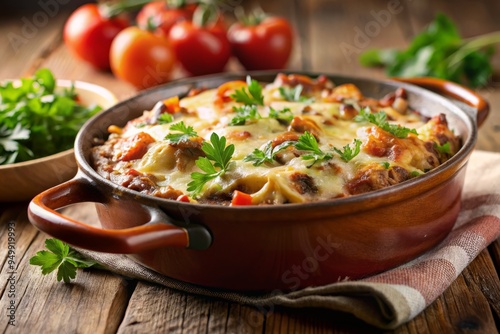 Soft focus on the background, with the casserole in sharp relief, highlighting the delicious aromas wafting from the dish.