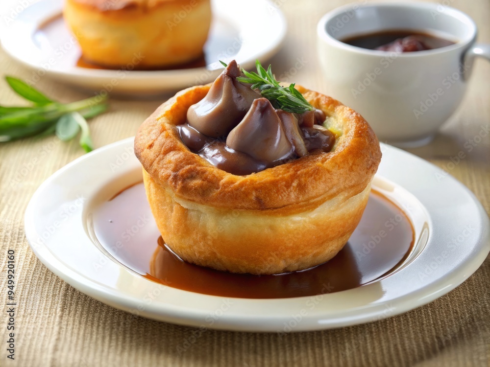 A single mini Yorkshire pudding overflows with tender roast beef and rich brown gravy, set against a crisp white linen tablecloth. A single mini Yorkshire pudding overflows with tender roast beef and rich brown gravy, set against a crisp white linen tablecloth.