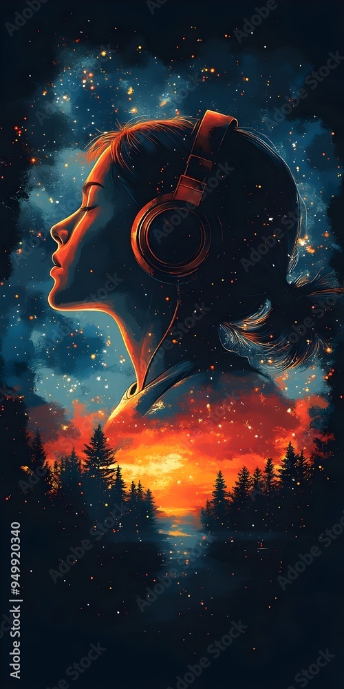 A young woman with headphones on, lost in thought as the sun sets over a forest, creating a beautiful and surreal landscape. A young woman with headphones on, lost in thought as the sun sets over a forest, creating a beautiful and surreal landscape.