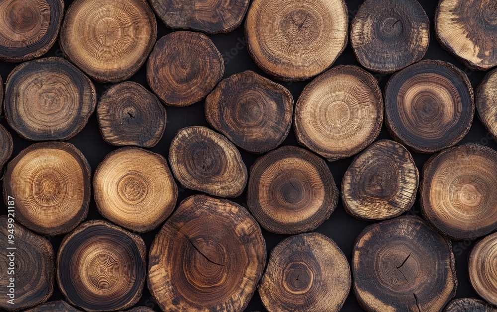 Close Up of Natural Wooden Rings on Black Background.