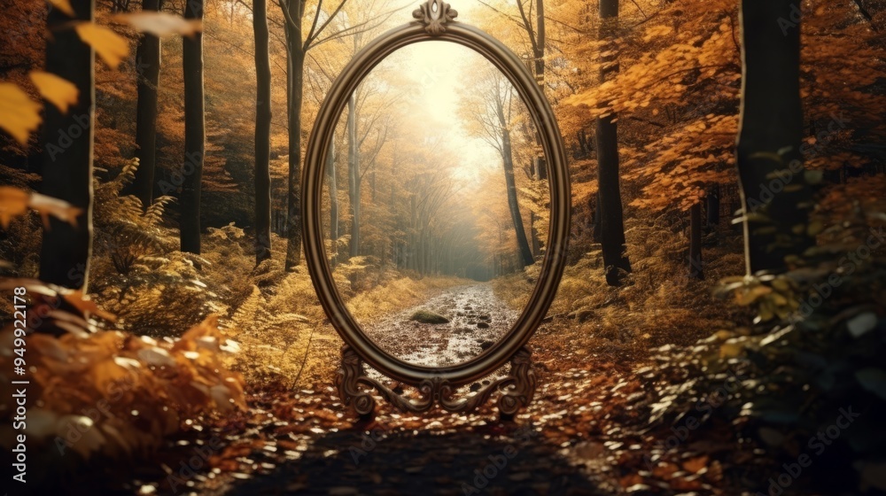 Fototapeta premium Golden Autumn Forest Path Reflected in a Mirror
