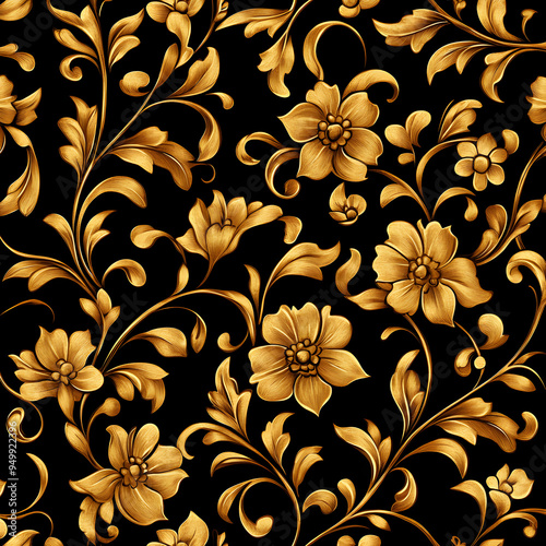 Gold floral pattern seamless with black background image