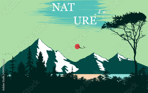 Sunset landscape beautiful nature vector artwork illustrationriver lake mountain jungle scene sunrise birds flying water background wallpaper poster banner web photo