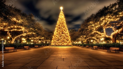 A large, illuminated Christmas tree graces a snowy park, inviting holiday cheer during the magical winter nights photo