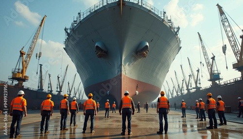 Shipyard workers in gear work on a large ship under construction, with cranes and machinery in a busy, well-lit scene.







 photo